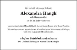 Traueranzeige Haugk Alexandra