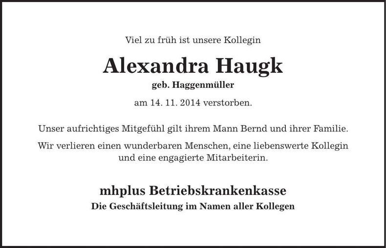 Traueranzeige Haugk Alexandra