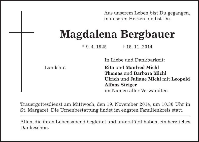 Traueranzeige Magdalena Bergbauer