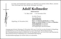 Traueranzeige Adolf Kollmeder