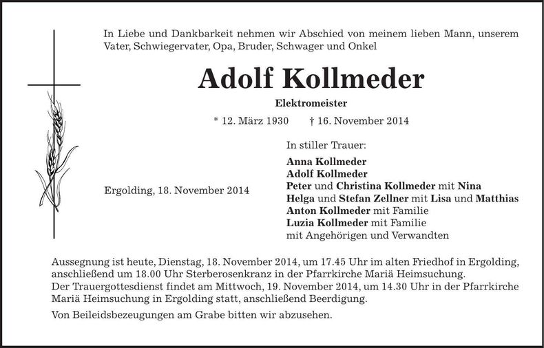 Traueranzeige Adolf Kollmeder