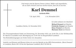 Traueranzeige Karl Demmel