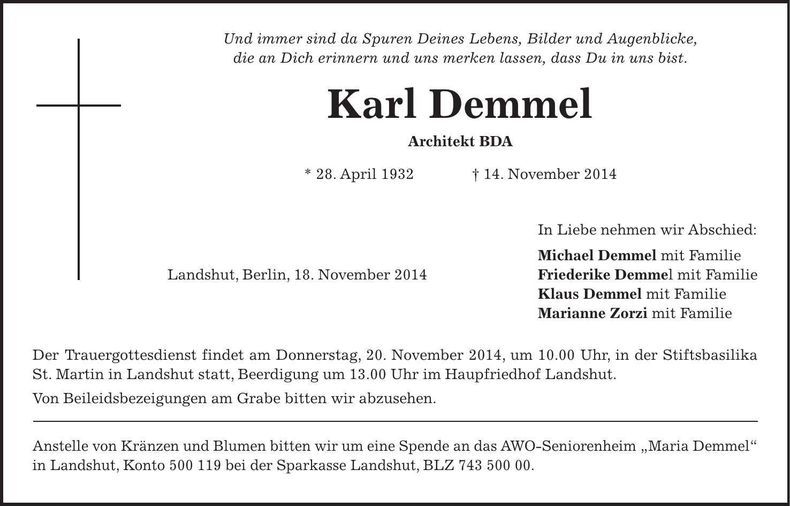 Traueranzeige Karl Demmel