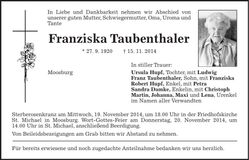 Traueranzeige Franziska Taubenthaler