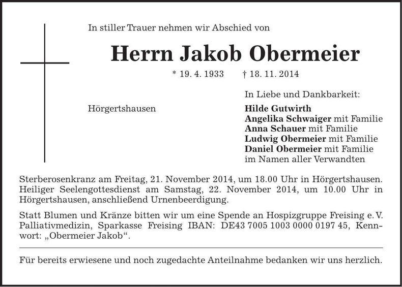 Traueranzeige Jakob Obermeier