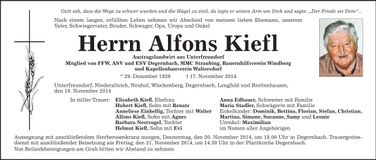 Traueranzeige Alfons Kiefl