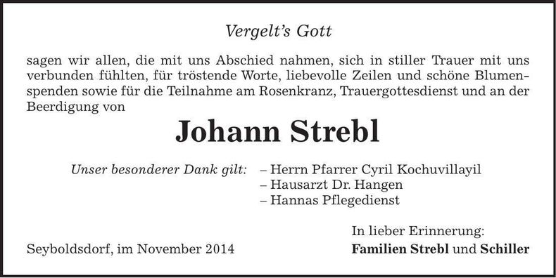 Traueranzeige Johann Strebl