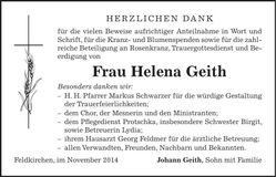 Traueranzeige Helena Geith