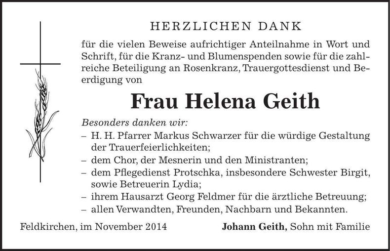 Traueranzeige Helena Geith