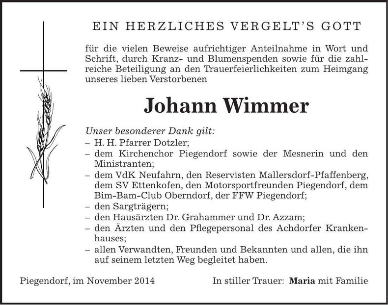 Traueranzeige Johann Wimmer