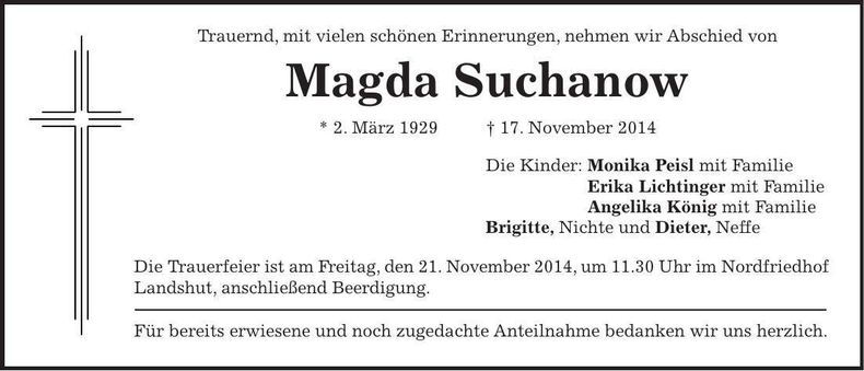 Traueranzeige Magda Suchanow