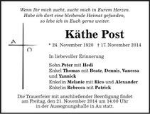 Traueranzeige Käthe Post