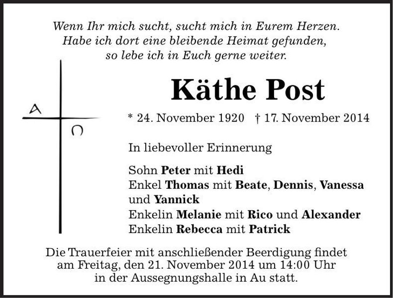 Traueranzeige Käthe Post