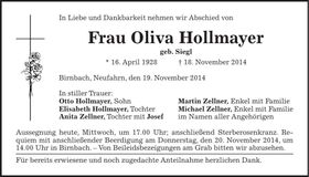 Traueranzeige Olivia Hollmayer