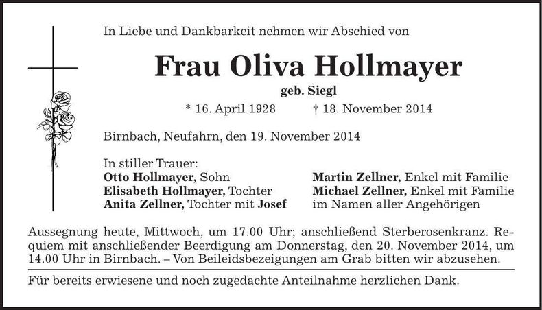 Traueranzeige Olivia Hollmayer