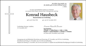 Traueranzeige Konrad Hausbeck