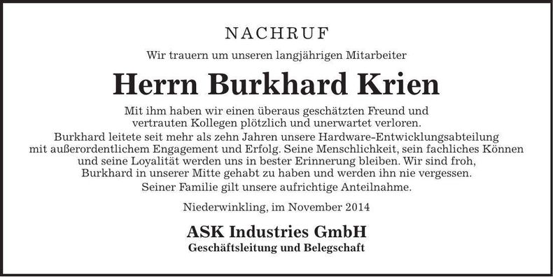 Traueranzeige Burkhard Krien