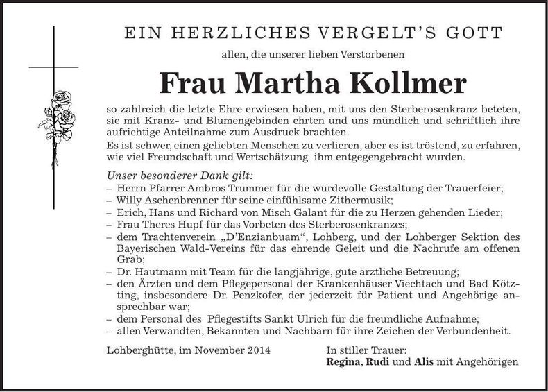 Traueranzeige Martha Kollmer
