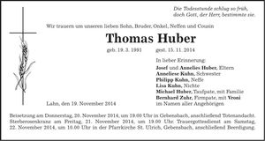 Traueranzeige Thomas Huber