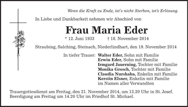 Traueranzeige Maria Eder