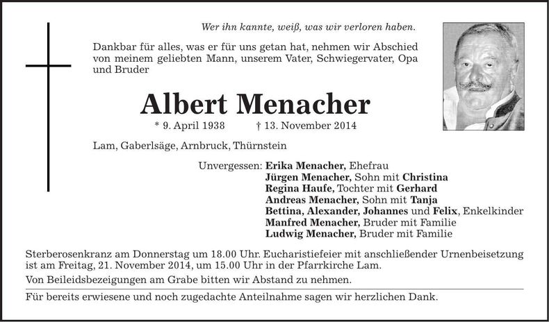 Traueranzeige Albert Menacher