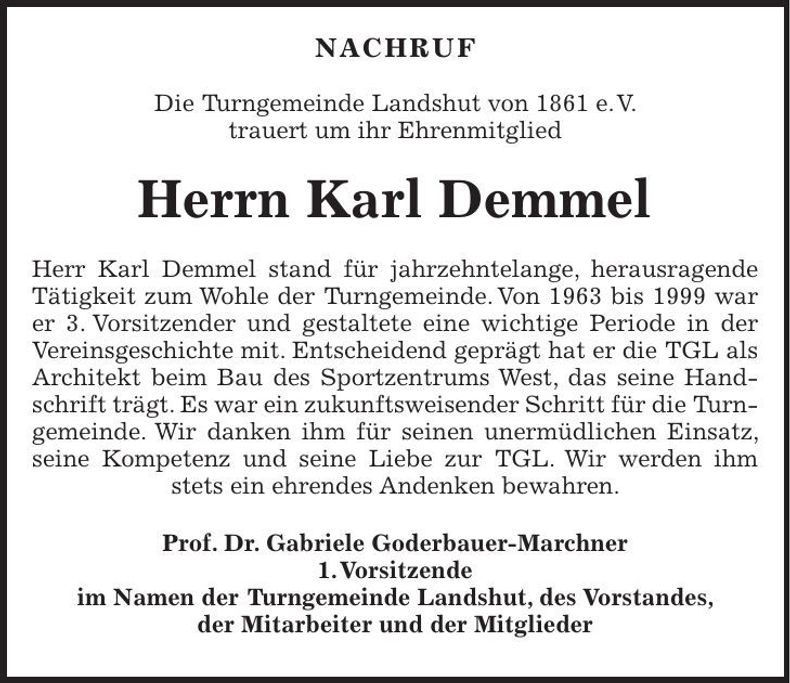 Traueranzeige Karl Demmel