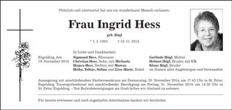 Traueranzeige Ingrid Hess