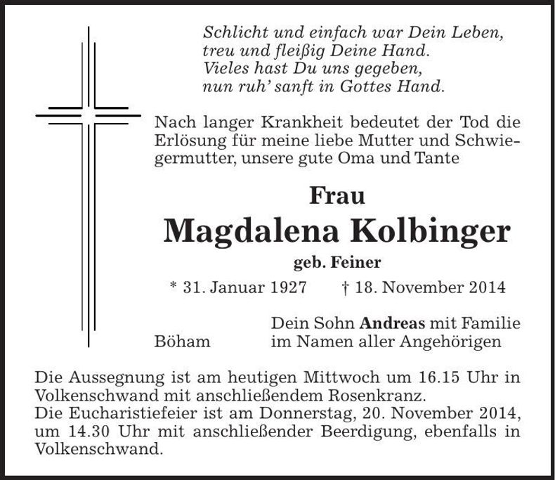 Traueranzeige Magdalena Kolbinger
