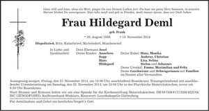 Traueranzeige Hildegard Deml