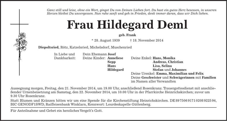 Traueranzeige Hildegard Deml