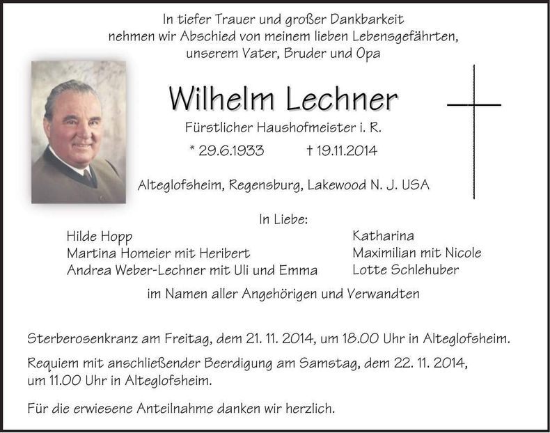 Traueranzeige Wilhelm Lechner