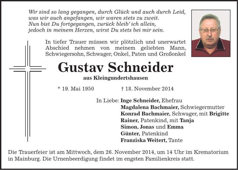 Traueranzeige Gustav Schneider