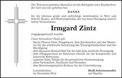 Traueranzeige Irmgard Zintz