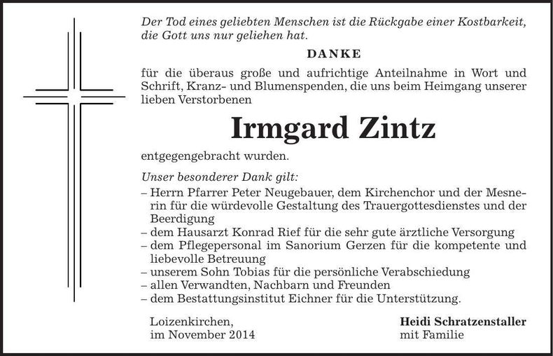 Traueranzeige Irmgard Zintz