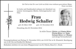 Traueranzeige Hedwig Schaller