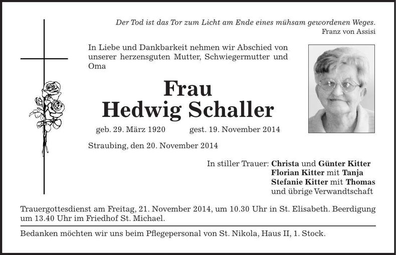 Traueranzeige Hedwig Schaller