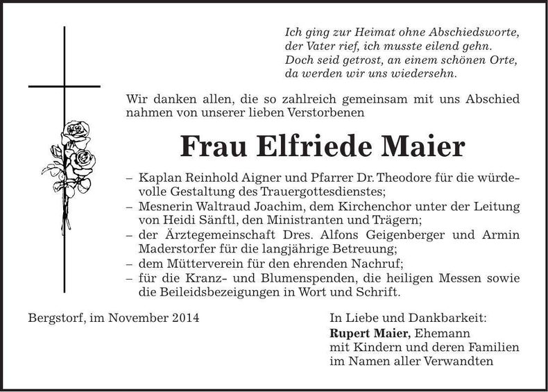 Traueranzeige Elfriede Maier