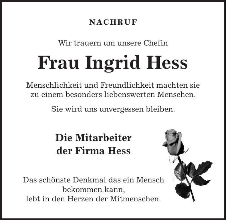 Traueranzeige Ingrid Hess