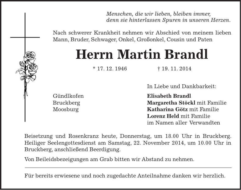 Traueranzeige Martin Brandl