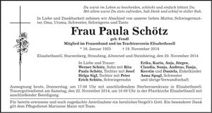 Traueranzeige Paula Schötz