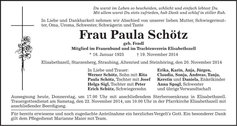 Traueranzeige Paula Schötz