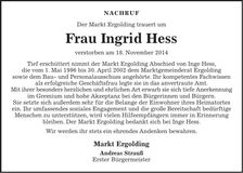 Traueranzeige Ingrid Hess