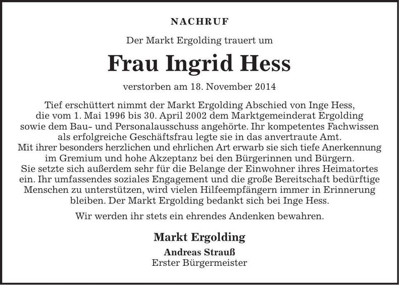 Traueranzeige Ingrid Hess