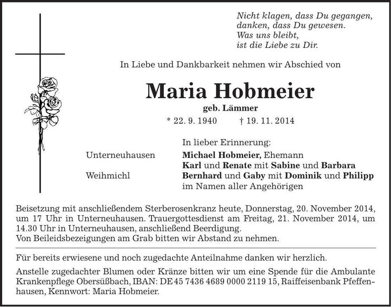 Traueranzeige Maria Hobmeier