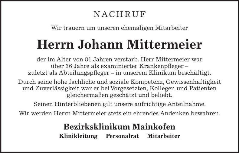 Traueranzeige Johann Mittermeier