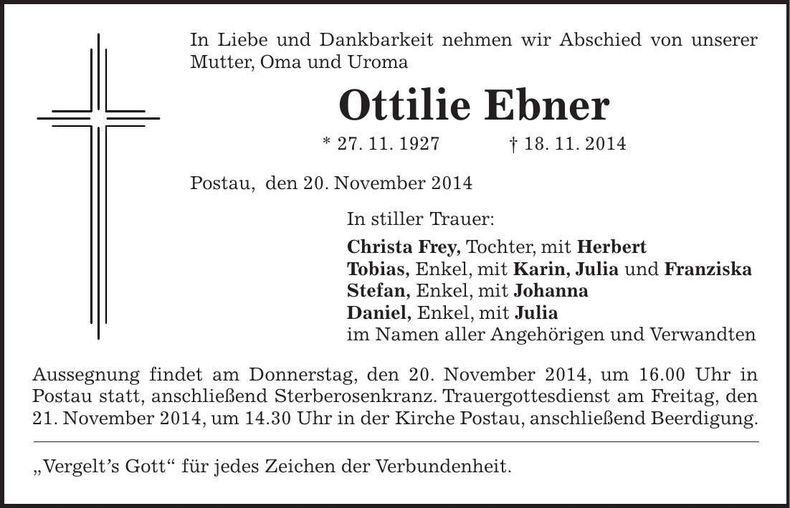 Traueranzeige Ottilie Ebner