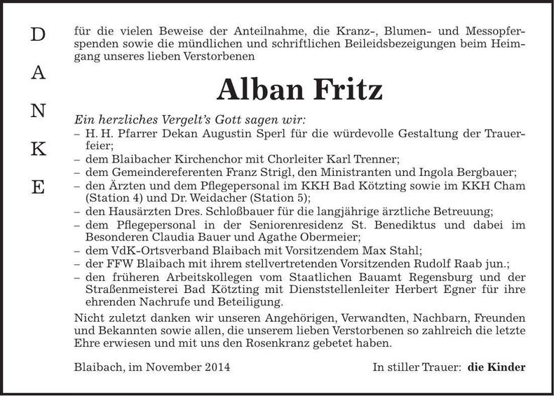 Traueranzeige Alban Fritz