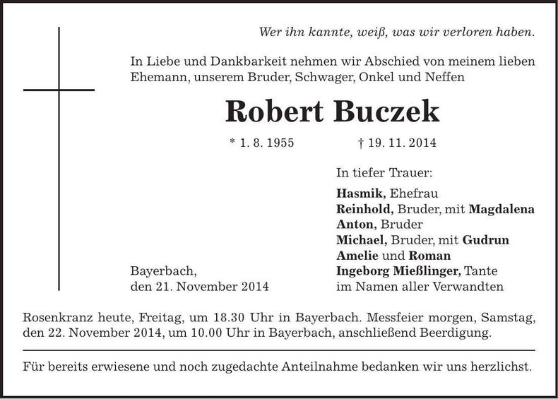 Traueranzeige Robert Buczek
