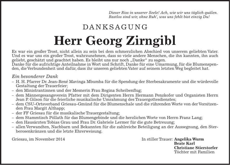 Traueranzeige Georg Zirngibl