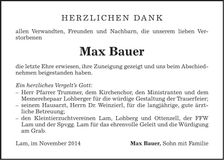 Traueranzeige Max Bauer